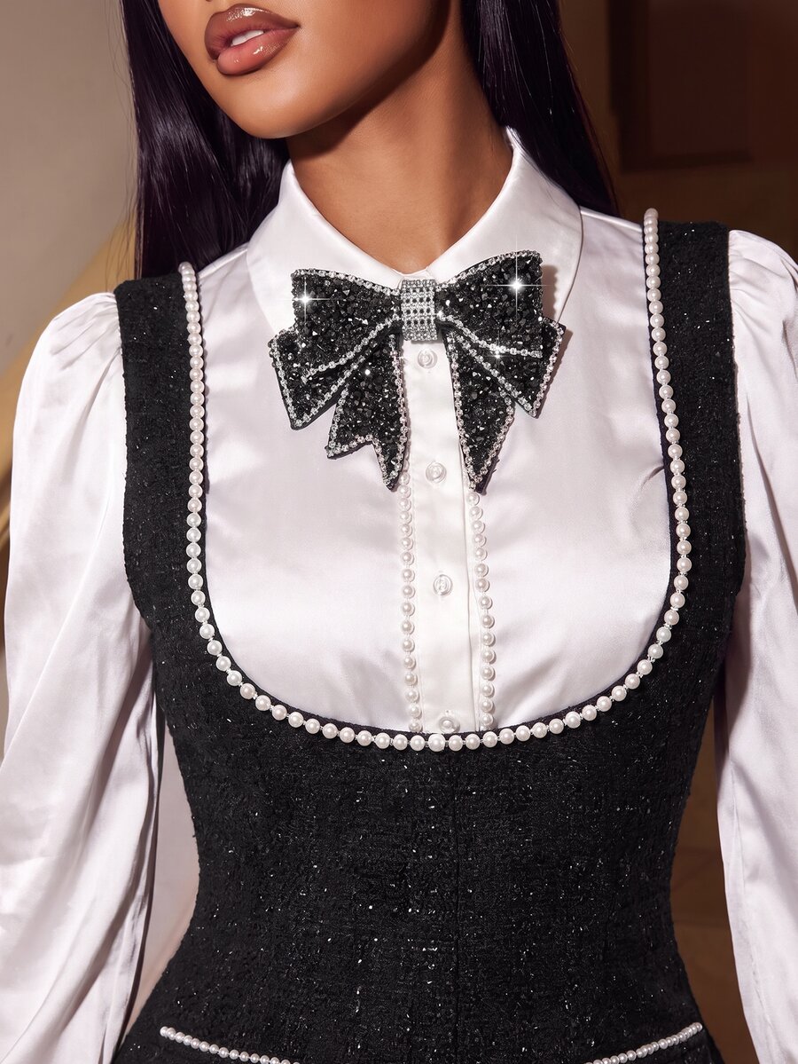 Aravennia 1pc Women's Black/Light Grey Sparkling Rhinestone Decorated Bow Tie Brooch, For Party, Holiday - A - View 1