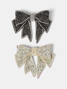 Aravennia 1pc Women's Black/Light Grey Sparkling Rhinestone Decorated Bow Tie Brooch, For Party, Holiday - A - View 2