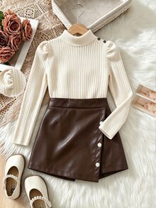 SHEIN Elladie kids 女童秋季套裝：杏色紋理鈕扣裝飾高領長袖上衣 + 皮革裙，適合日常穿著與派對造型 - 杏色 - 查看 1