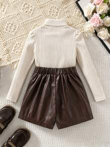 SHEIN Elladie kids 女童秋季套裝：杏色紋理鈕扣裝飾高領長袖上衣 + 皮革裙，適合日常穿著與派對造型 - 杏色 - 查看 2