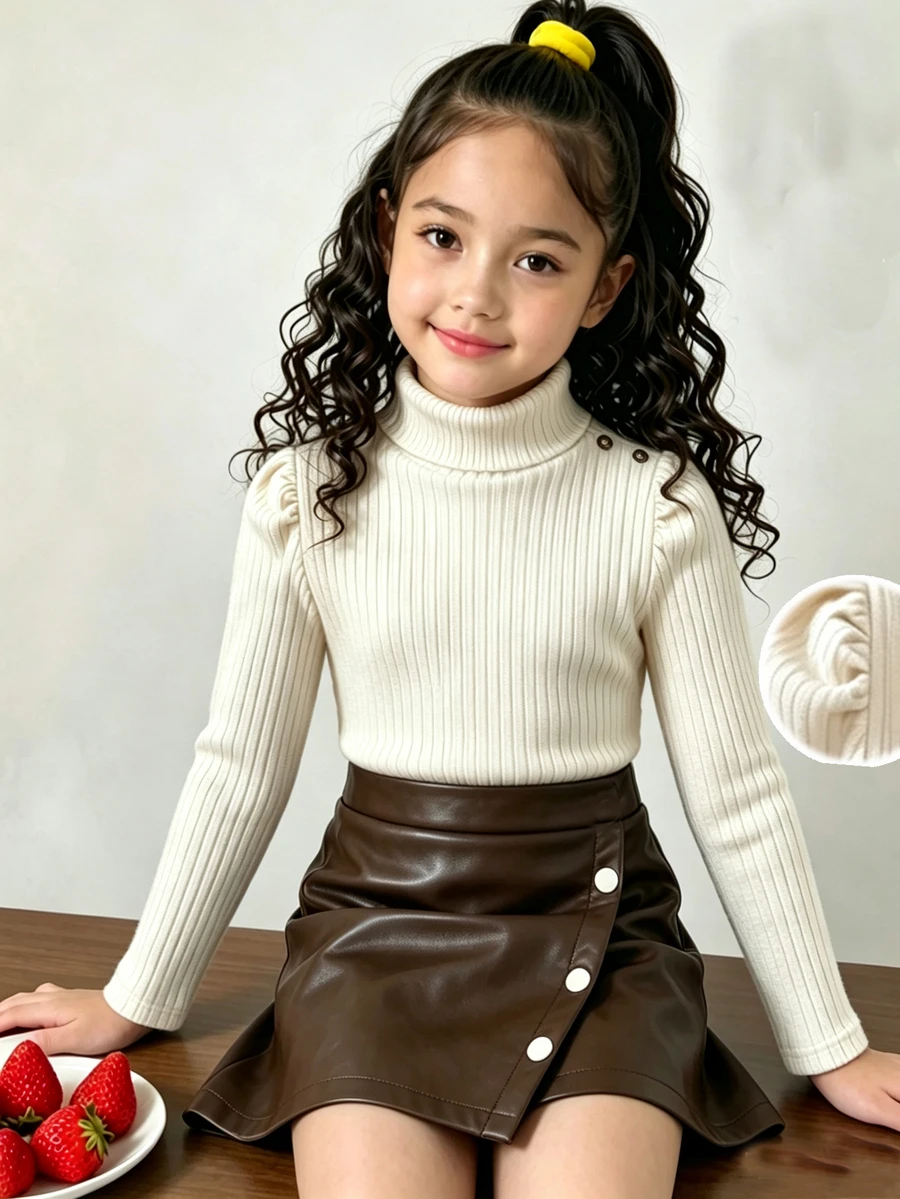 SHEIN Elladie kids طقم خريفي للبنات: بلوزة ذات رقبة عالية وأكمام طويلة مزينة بأزرار بلون المشمش المنسوج + تنورة جلدية، مناسبة للارتداء اليومي وملابس الحفلات - لون مشمشي - مشاهدة 1