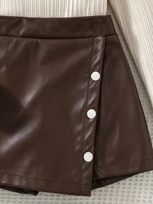 SHEIN Elladie kids 女童秋季套裝：杏色紋理鈕扣裝飾高領長袖上衣 + 皮革裙，適合日常穿著與派對造型 - 杏色 - 查看 3