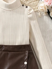 SHEIN Elladie kids 女童秋季套裝：杏色紋理鈕扣裝飾高領長袖上衣 + 皮革裙，適合日常穿著與派對造型 - 杏色 - 查看 4