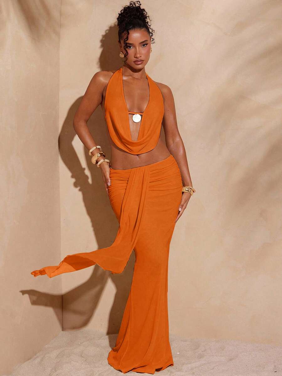 Hauture Women's Vacation Solid Color Plunging Neck Cropped Halter Top And Flared Hem Skirt Sexy 2 Pieces Set - Orange - View 1