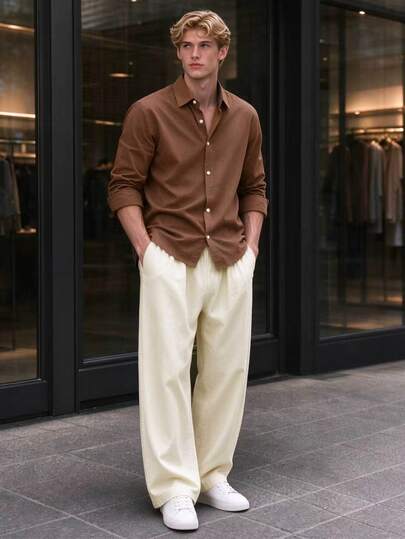 2pcs Boys Gentleman Outfit Set, Brown Long Sleeve Shirt White Loose Straight Leg Pants, Fall Casual Baggy Cute Teen Luxury Daily Wear Sixth Form Party