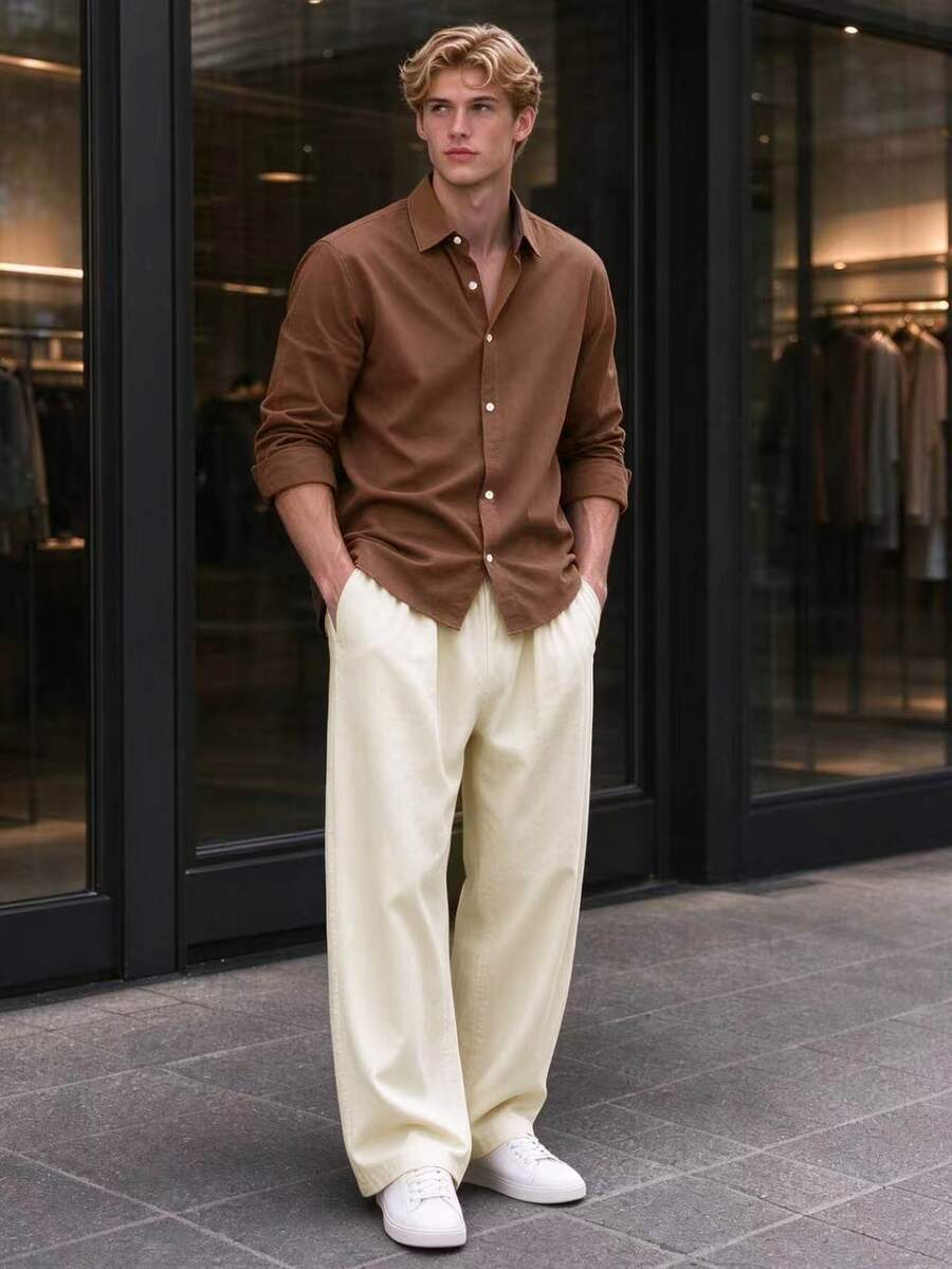 2pcs Boys Gentleman Outfit Set, Brown Long Sleeve Shirt White Loose Straight Leg Pants, Fall Casual Baggy Cute Teen Luxury Daily Wear Sixth Form Party - Coffee Brown - View 1