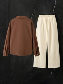 2pcs Boys Gentleman Outfit Set, Brown Long Sleeve Shirt White Loose Straight Leg Pants, Fall Casual Baggy Cute Teen Luxury Daily Wear Sixth Form Party - Coffee Brown - View 3