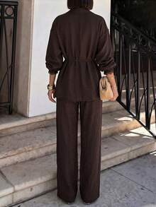 SHEIN 女款優雅蕾絲飾邊拼接兩件套 - 咖啡棕 - 查看 2