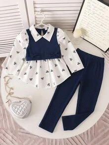 SHEIN Elladie kids 女童學院風蝴蝶結印花泡泡袖拼接軟絨羅紋2合1上衣與彈性腰鬆緊褲2件套，秋季時尚休閒套裝，適合學校、戶外、運動及姐妹聚會 - 藏蓝色 - 查看 3