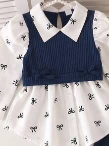 SHEIN Elladie kids 女童學院風蝴蝶結印花泡泡袖拼接軟絨羅紋2合1上衣與彈性腰鬆緊褲2件套，秋季時尚休閒套裝，適合學校、戶外、運動及姐妹聚會 - 藏蓝色 - 查看 5