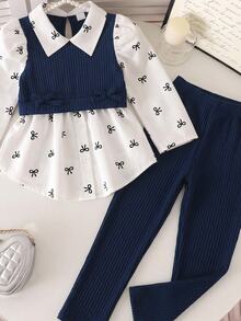 SHEIN Elladie kids 女童學院風蝴蝶結印花泡泡袖拼接軟絨羅紋2合1上衣與彈性腰鬆緊褲2件套，秋季時尚休閒套裝，適合學校、戶外、運動及姐妹聚會 - 藏蓝色 - 查看 7