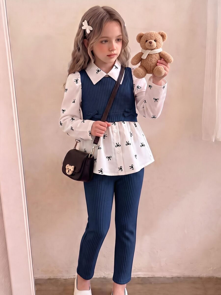 SHEIN Elladie kids 女童學院風蝴蝶結印花泡泡袖拼接軟絨羅紋2合1上衣與彈性腰鬆緊褲2件套,秋季時尚休閒套裝,適合學校、戶外、運動及姐妹聚會 - 藏蓝色 - 查看 1