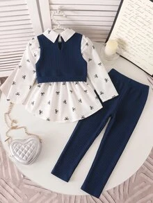 SHEIN Elladie kids 女童學院風蝴蝶結印花泡泡袖拼接軟絨羅紋2合1上衣與彈性腰鬆緊褲2件套，秋季時尚休閒套裝，適合學校、戶外、運動及姐妹聚會 - 藏蓝色 - 查看 2