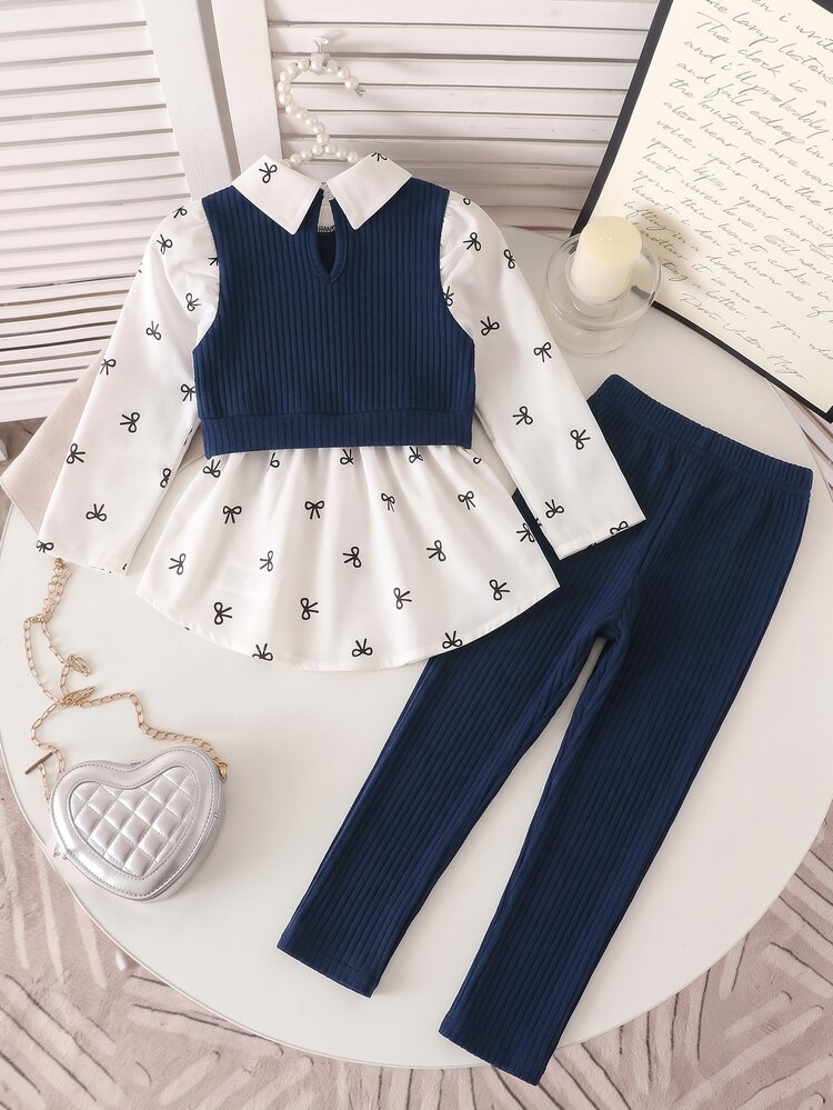SHEIN Elladie kids Young Girl Preppy Style Bow Print Puff Sleeve Patchwork Soft Fuzzy Ribbed 2 In 1 Top And Elastic Waist Stretch Pants 2-Piece Set, Autumn Fashion Casual Outfit, Suitable For School, Outdoor, Sports And Sister Party - Navy Blue - View 2