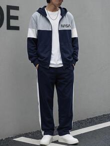 青少年男孩休閒學院風連帽衛衣與慢跑長褲套裝，適合休閒與運動穿著 - 藍色 - 查看 1
