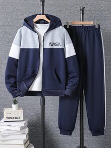 青少年男孩休閒學院風連帽衛衣與慢跑長褲套裝，適合休閒與運動穿著 - 藍色 - 查看 2