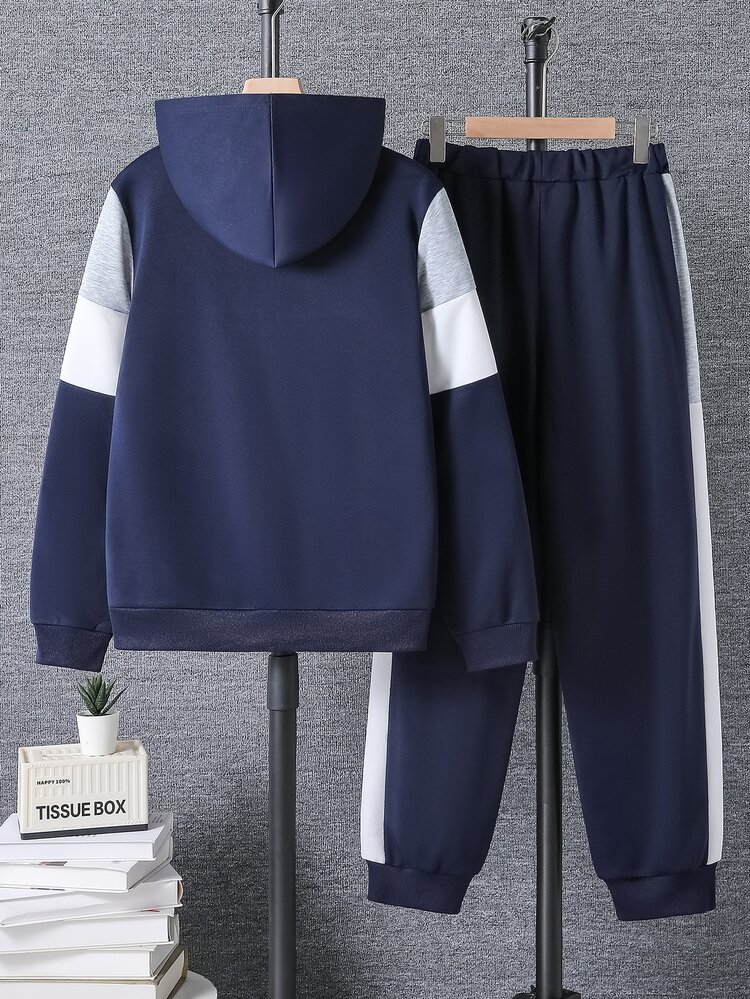 Teen Boys Casual College Style Hoodie Sweatshirt & Jogger Pants Sweatshirt Set, Suitable For Casual And Sports Wear - Blue - View 3
