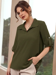 Rue Lumi Roll-Up Sleeve Solid Blouse,Long Sleeve Tops - Army Green - View 6