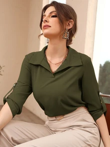 Rue Lumi Roll-Up Sleeve Solid Blouse,Long Sleeve Tops - Army Green - View 4
