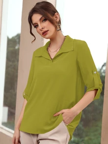 Rue Lumi Women's Lapel Collar Short Sleeve Shirt - Olive Green - View 7