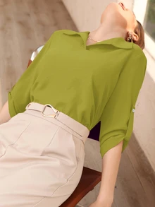 Rue Lumi Women's Lapel Collar Short Sleeve Shirt - Olive Green - View 6