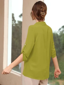 Rue Lumi Women's Lapel Collar Short Sleeve Shirt - Olive Green - View 2