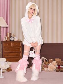 ROMWE Autumn/Winter Dollhouse Girl Kawaii Rabbit Design Jacket And Mini Lantern Shorts Plush Women's 2 Pieces Set - White - View 1