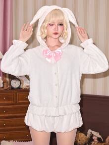 ROMWE Autumn/Winter Dollhouse Girl Kawaii Rabbit Design Jacket And Mini Lantern Shorts Plush Women's 2 Pieces Set - White - View 2