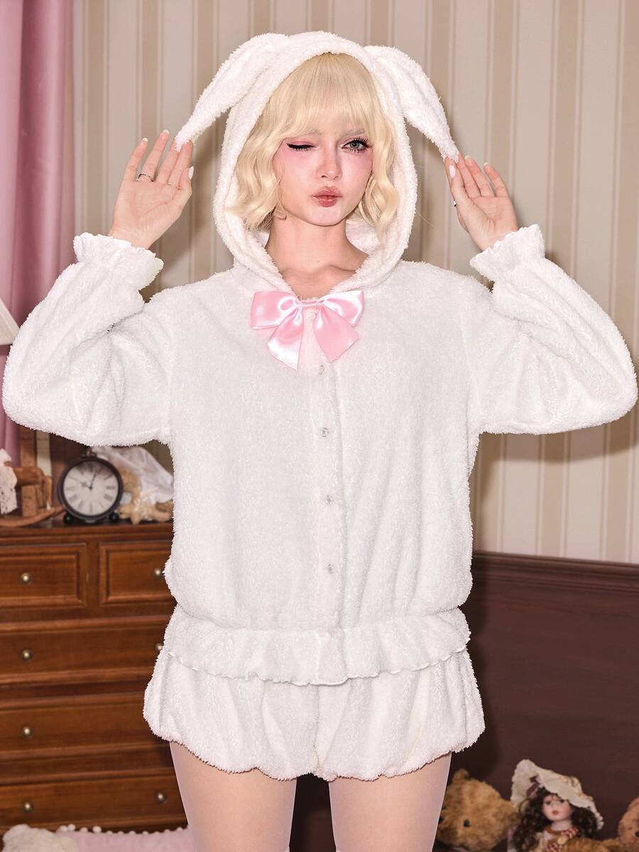 ROMWE Kawaii 秋冬女款娃娃屋風可愛兔子設計夾克與迷你燈籠短褲毛絨兩件套 - 白色 - 查看 1