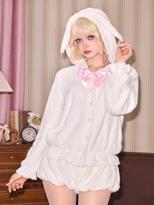 ROMWE Autumn/Winter Dollhouse Girl Kawaii Rabbit Design Jacket And Mini Lantern Shorts Plush Women's 2 Pieces Set - White - View 3
