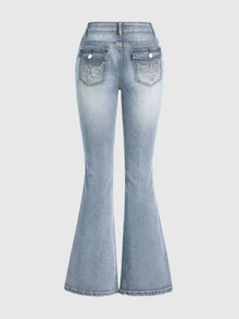 ROMWE Grunge Punk Punk Chic Vintage Embroidered Fitted Low Waist Flare Jeans, Light Blue - Baby Blue - View 2