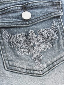 ROMWE Grunge Punk Punk Chic Vintage Embroidered Fitted Low Waist Flare Jeans, Light Blue - Baby Blue - View 3