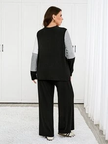 Easowa Curve Plus Size Women's V-Neck Colorblock Long Sleeve Top And Pants Casual Daily 2 Pieces Set - Multicolor - View 6