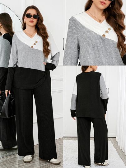 Easowa Curve Plus Size Women's V-Neck Colorblock Long Sleeve Top And Pants Casual Daily 2 Pieces Set