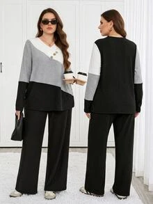 Easowa Curve Plus Size Women's V-Neck Colorblock Long Sleeve Top And Pants Casual Daily 2 Pieces Set - Multicolor - View 1