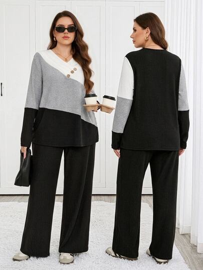 Easowa Curve Plus Size Women's V-Neck Colorblock Long Sleeve Top And Pants Casual Daily 2 Pieces Set