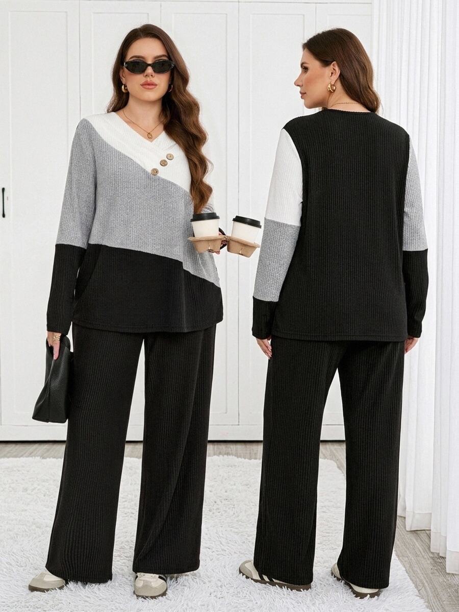 Easowa Curve Plus Size Women's V-Neck Colorblock Long Sleeve Top And Pants Casual Daily 2 Pieces Set - Multicolor - View 1