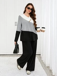 Easowa Curve Plus Size Women's V-Neck Colorblock Long Sleeve Top And Pants Casual Daily 2 Pieces Set - Multicolor - View 4