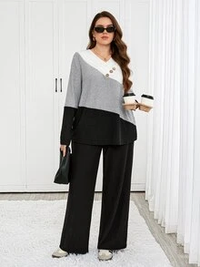 Easowa Curve Plus Size Women's V-Neck Colorblock Long Sleeve Top And Pants Casual Daily 2 Pieces Set - Multicolor - View 3