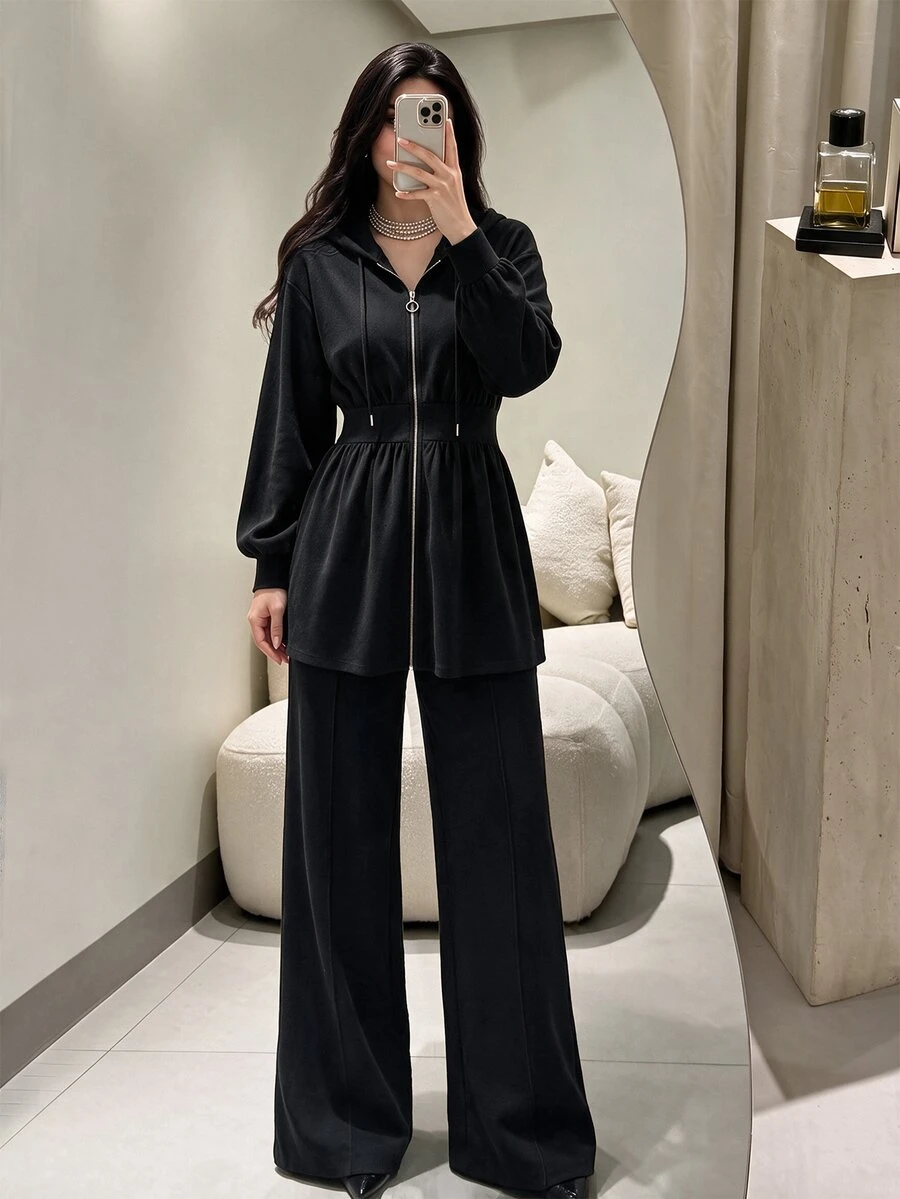 Modelyn 女款優雅兩件套黑色修身拉鍊連帽收腰運動衫長袖垂墜寬腿褲休閒端莊通勤購物居家穿搭 - 黑色 - 查看 1