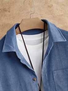 HIMLAND 男士寬鬆字母拼接編織休閒長袖襯衫與長褲兩件套 - 藍色 - 查看 7