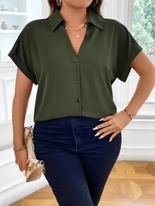 Vionelle Plus Batwing Sleeve Button Front Shirt - Army Green - View 6