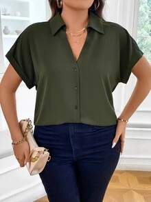 Vionelle Plus Batwing Sleeve Button Front Shirt - Army Green - View 4