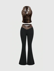 ROMWE Grunge Punk Y2K Leopard Print Halter Neck Top For Women, School - Multicolor - View 3