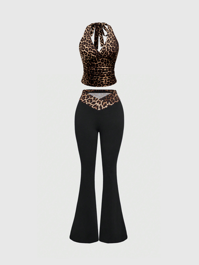 ROMWE Grunge Punk Y2K Leopard Print Halter Neck Top For Women, School