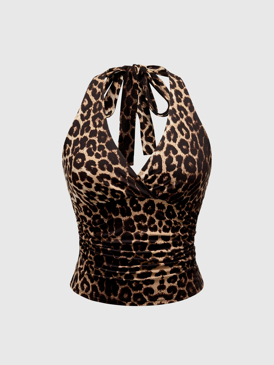 ROMWE Grunge Punk Y2K Leopard Print Halter Neck Top For Women, School - Multicolor - View 1