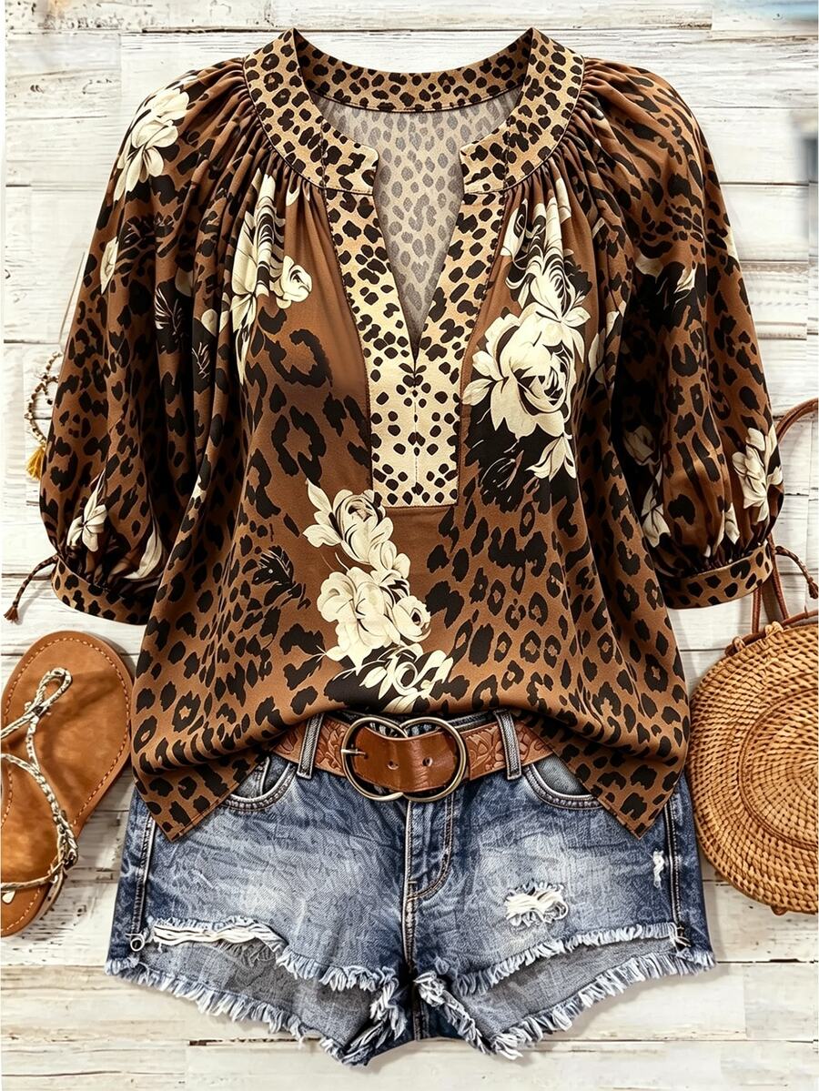 Linhara Fashion Casual Vacation Vintage Elegant Commute 3/4 Sleeve Blue Printed Blouse Fall - Multicolor - View 1