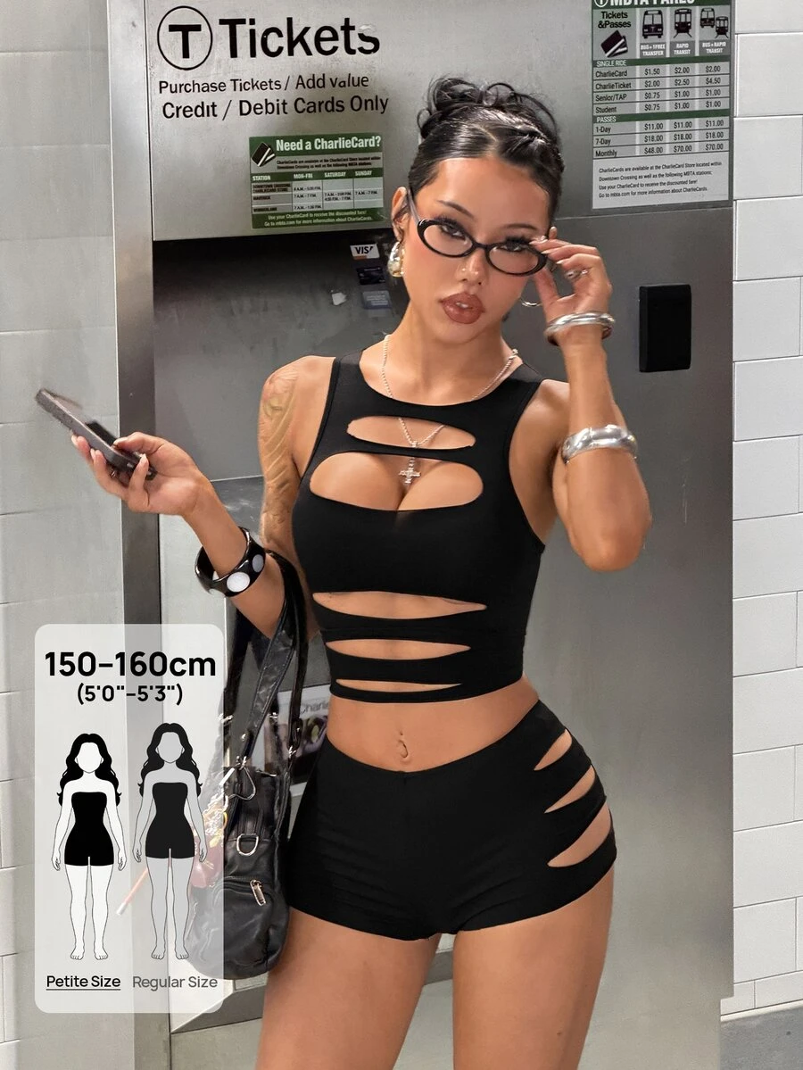 StreetHx Petite Summer Fashion Sexy Cut-Out Hollow Asymmetrical Tank Top, Tight Low Waist Shorts Set For Petite Women - Black - View 1