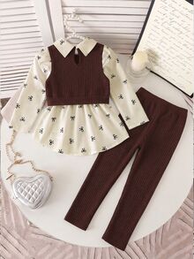 SHEIN Elladie kids 女童學院風蝴蝶結印花泡泡袖拼接軟毛絨羅紋 2 合 1 上衣與彈性腰鬆緊褲 2 件套，秋季時尚休閒套裝，適合學校、戶外、運動與姐妹聚會 - 棕色 - 查看 2