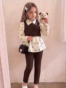 SHEIN Elladie kids 女童學院風蝴蝶結印花泡泡袖拼接軟毛絨羅紋 2 合 1 上衣與彈性腰鬆緊褲 2 件套，秋季時尚休閒套裝，適合學校、戶外、運動與姐妹聚會 - 棕色 - 查看 1
